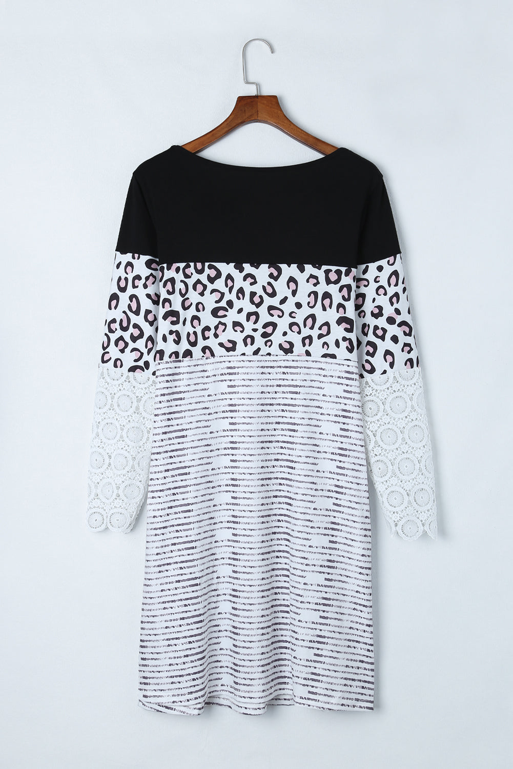 Black Striped Leopard Patchwork Lace T Shirt Dress-yoyobikini