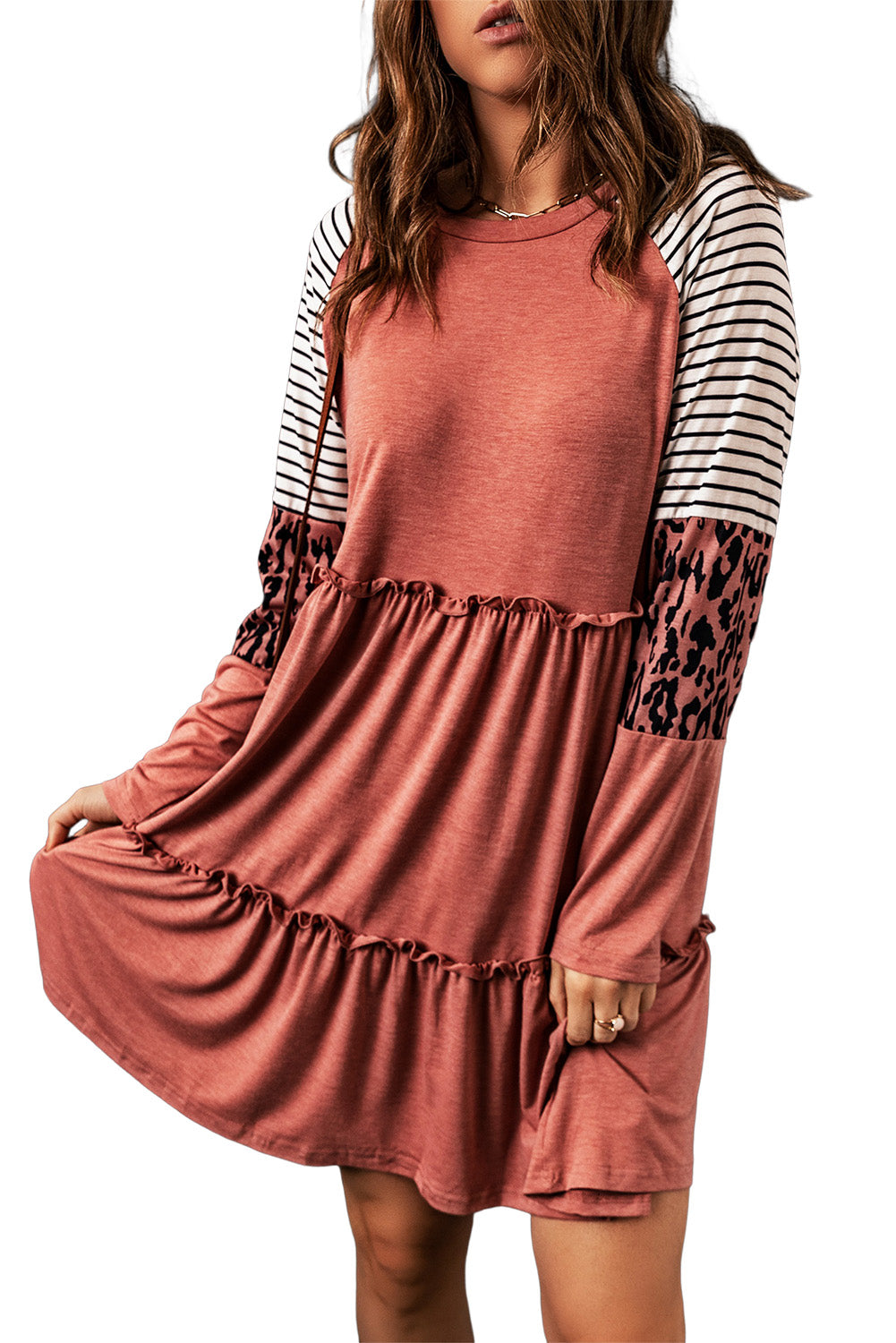 Pink Striped Leopard Patchwork Long Sleeve Mini Dress-yoyobikini