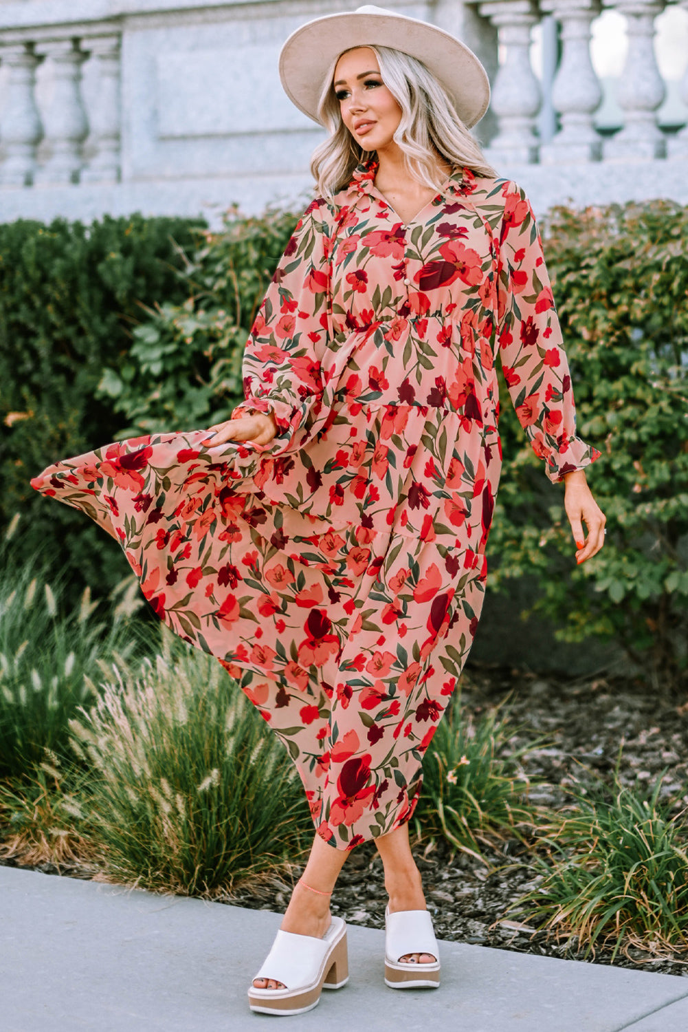 Red Frilled Collar Long Sleeve Tiered Maxi Floral Dress-yoyobikini