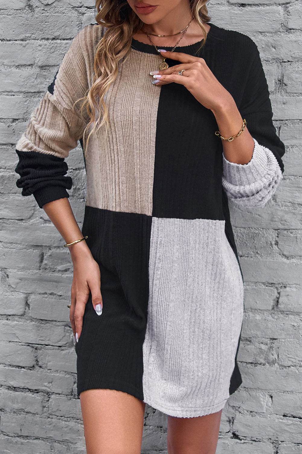 Black Ribbed Color Block Drop Shoulder Long Sleeve Mini Dress-yoyobikini