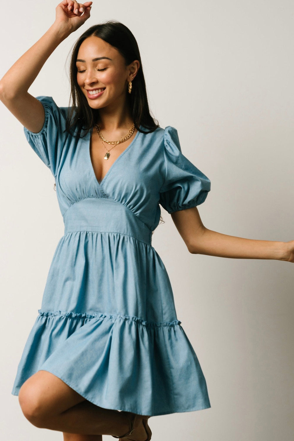Sky Blue V Neck Bubble Sleeve Ruffle Flared Mini Dress-yoyobikini