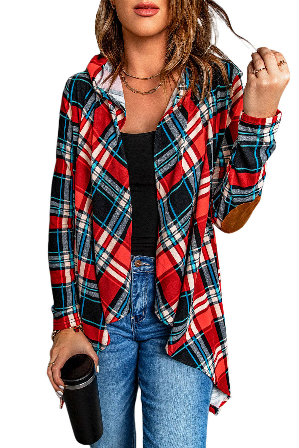 Suede Elbow Patch Hooded Plaid Cardigan-yoyobikini