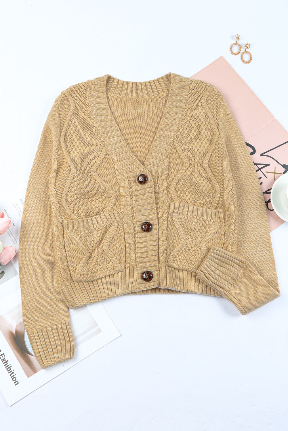 Beige Front Pockets Buttons Textured Cardigan-yoyobikini