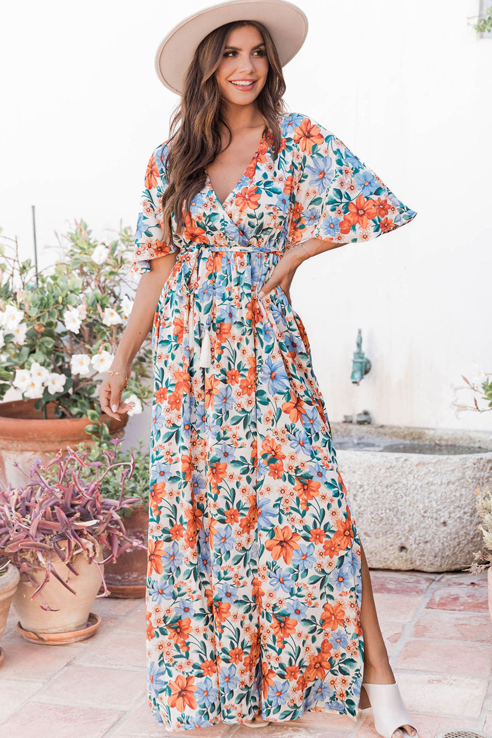 Sky Blue Floral Print Wrap Belted Maxi Dress-yoyobikini