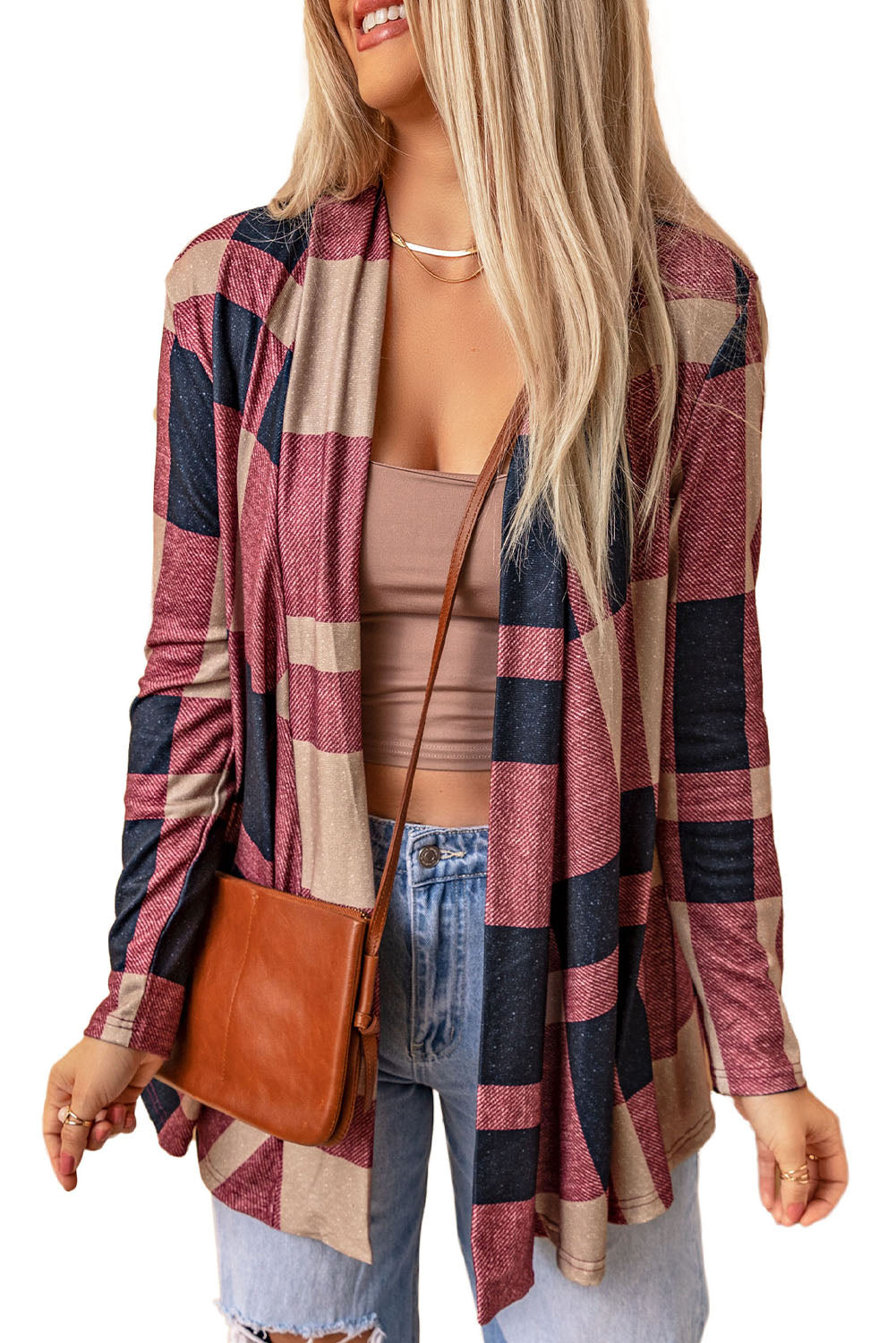 Draped Open Front Plaid Cardigan-yoyobikini