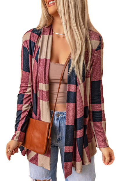 Draped Open Front Plaid Cardigan-yoyobikini