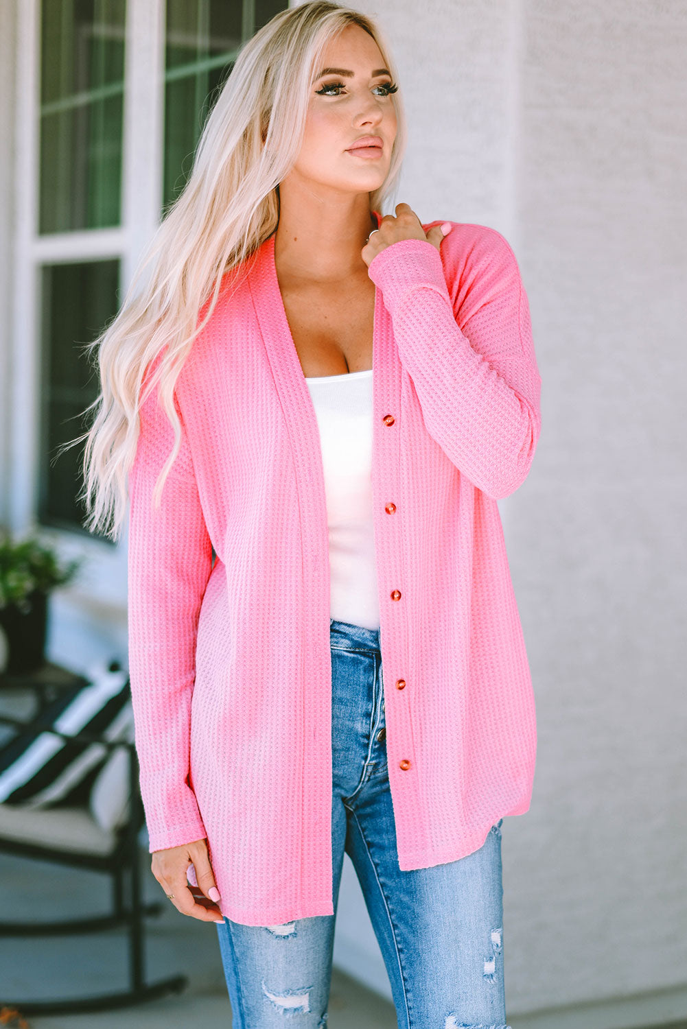 Pink Waffle Knit Dropped Shoulder Cardigan-yoyobikini