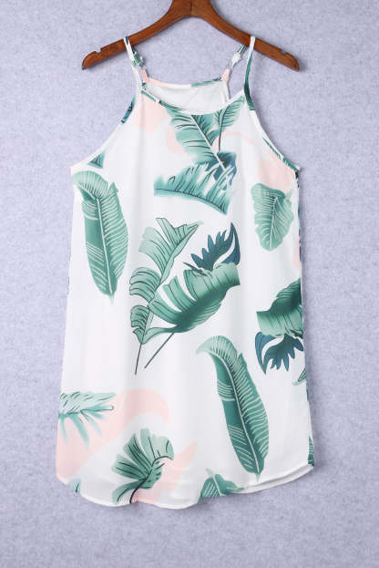 Palm Tree Leaf Print Ivory Sleeveless Dress-yoyobikini