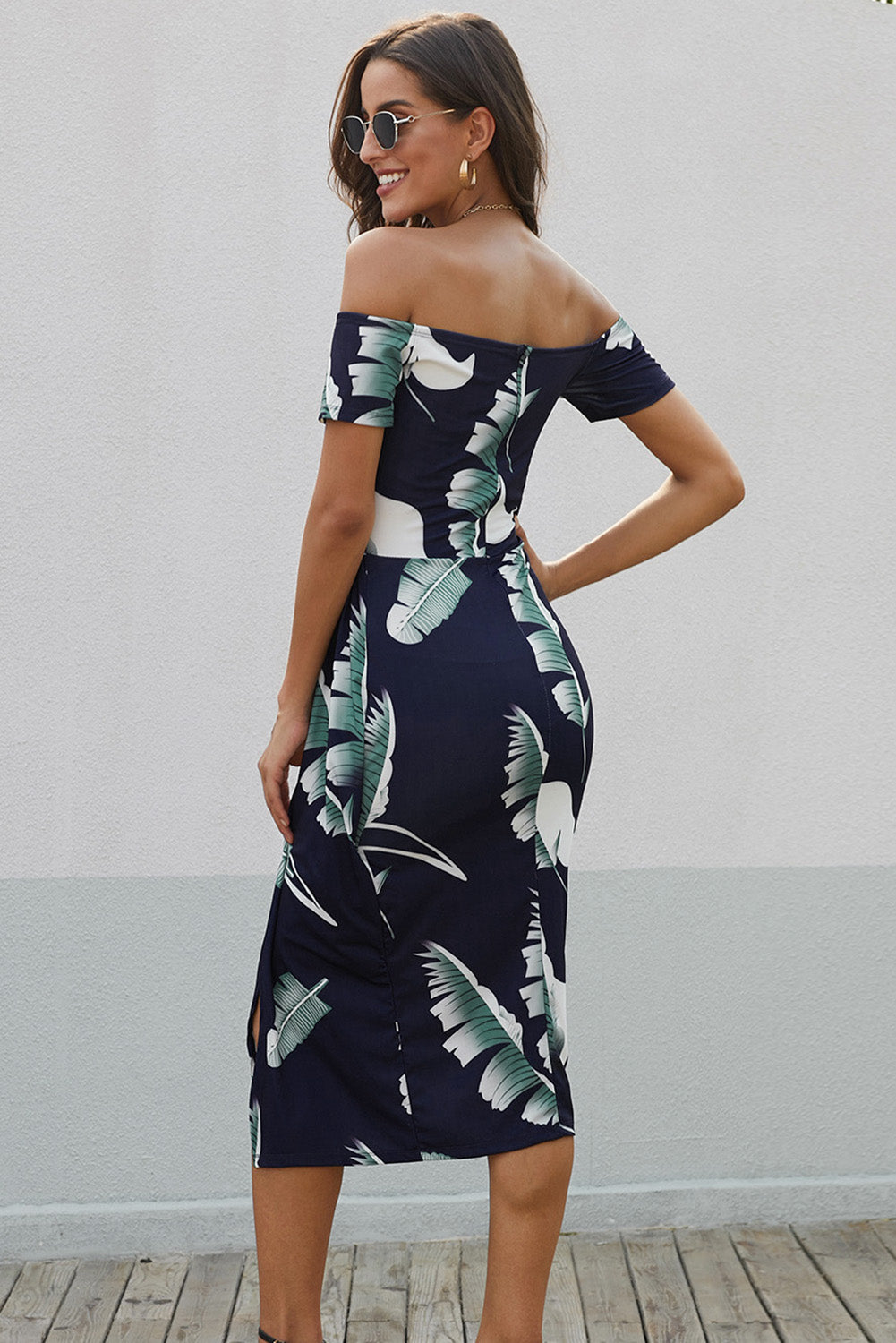 Blue Pattern Print Off Shoulder Slit Bodycon Midi Dress-yoyobikini