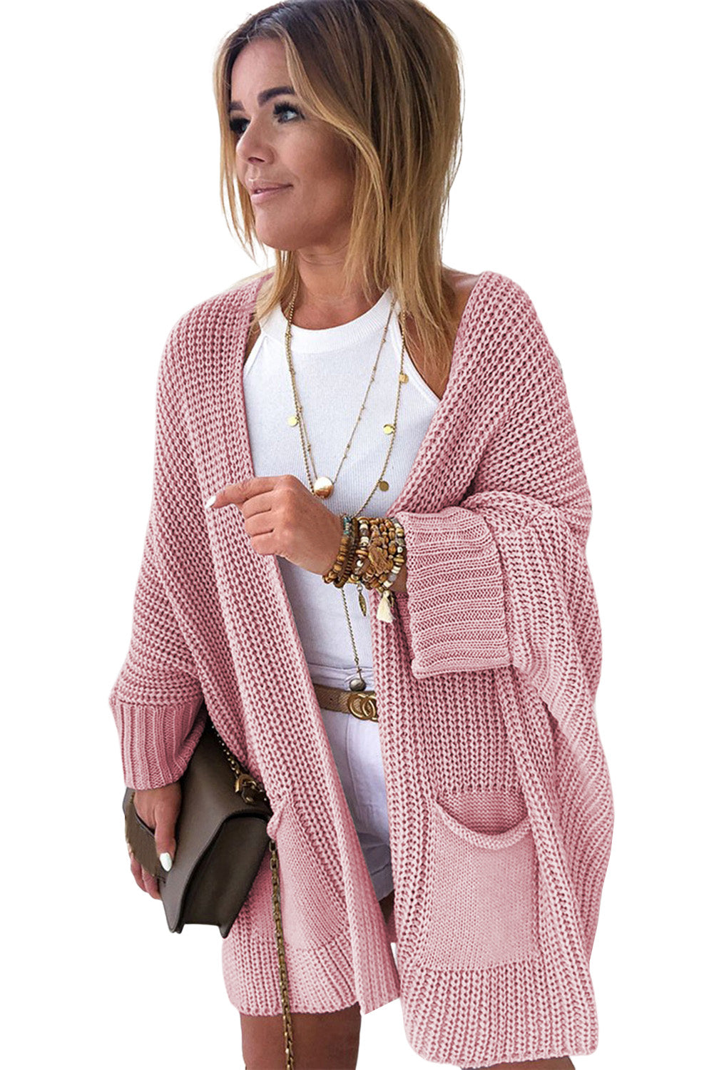 Pink Oversized Fold Over Sleeve Sweater Cardigan-yoyobikini