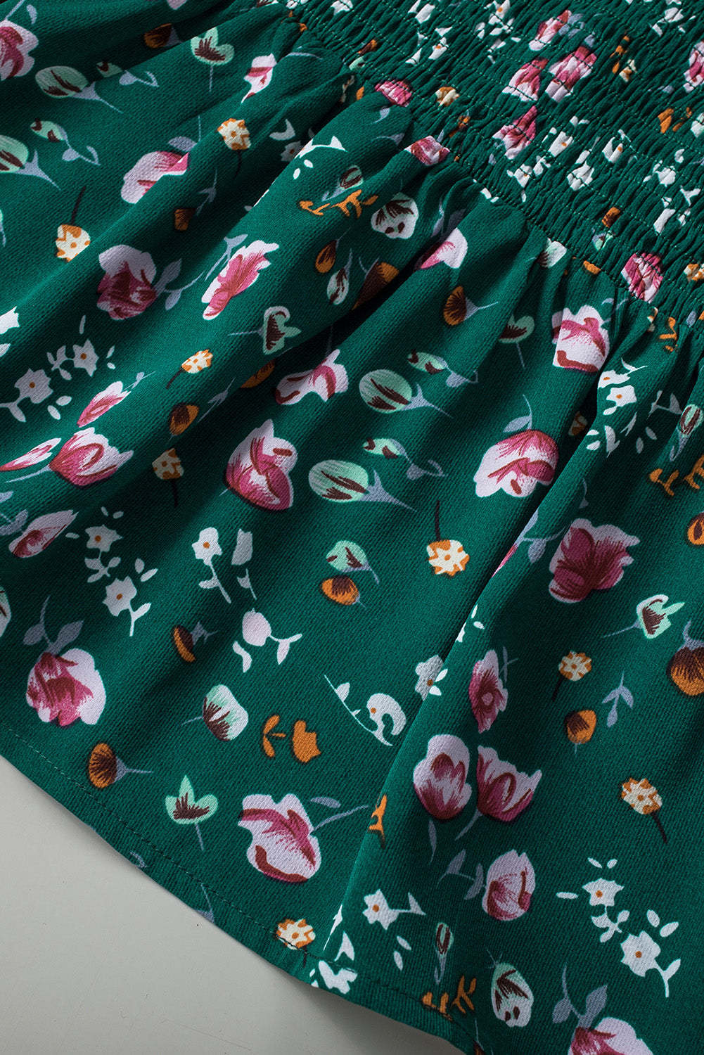 Floral Print Smocked Lace-up Square Neck Long Sleeve Top-yoyobikini