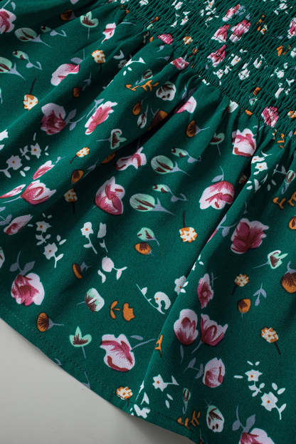 Floral Print Smocked Lace-up Square Neck Long Sleeve Top-yoyobikini