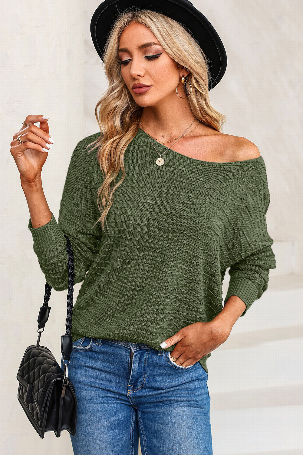 Green Textured Knit Round Neck Dolman Sleeve Sweater-yoyobikini