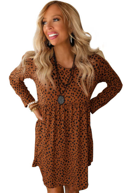 Brown Leopard Long Sleeve Babydoll Dress-yoyobikini