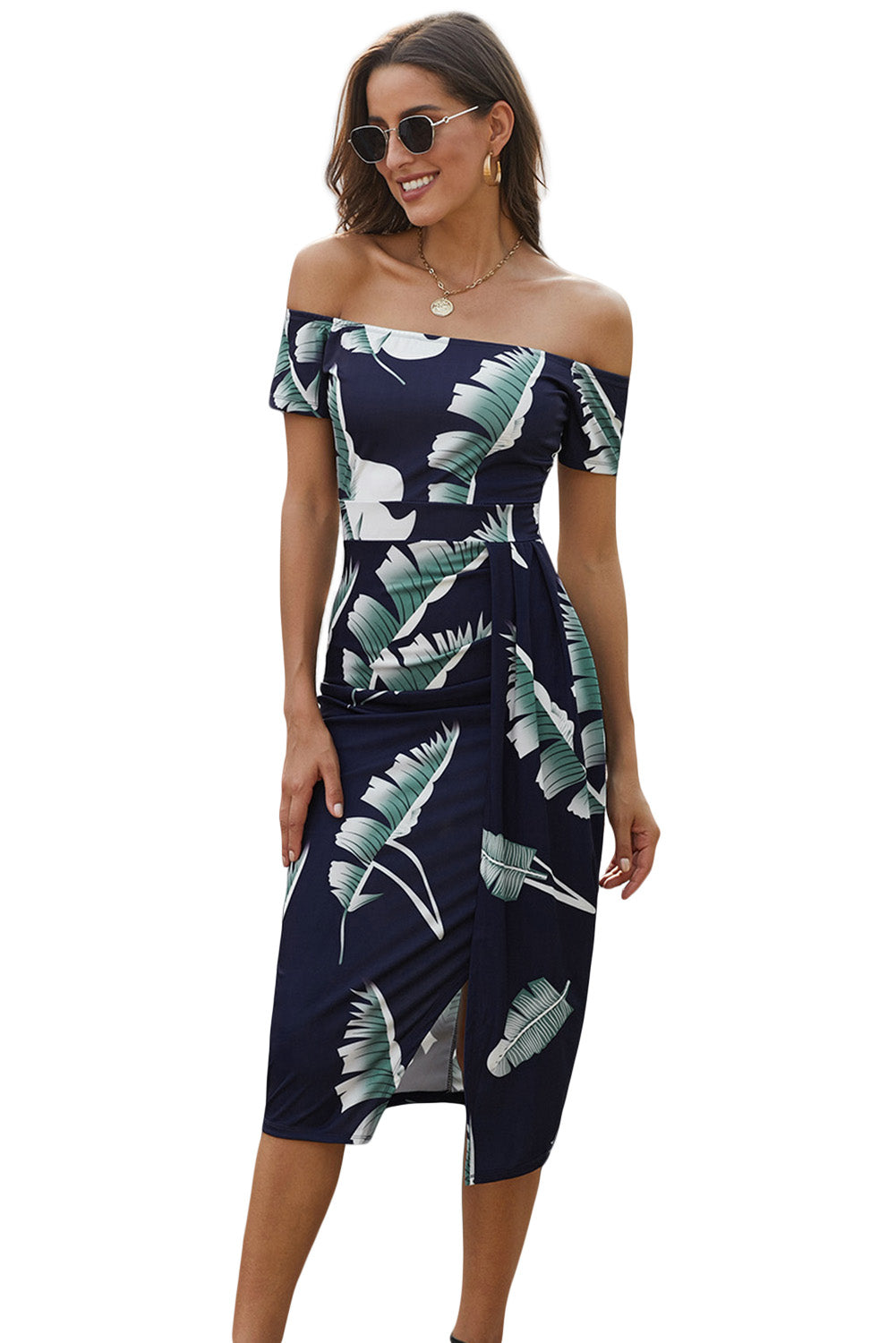 Blue Pattern Print Off Shoulder Slit Bodycon Midi Dress-yoyobikini
