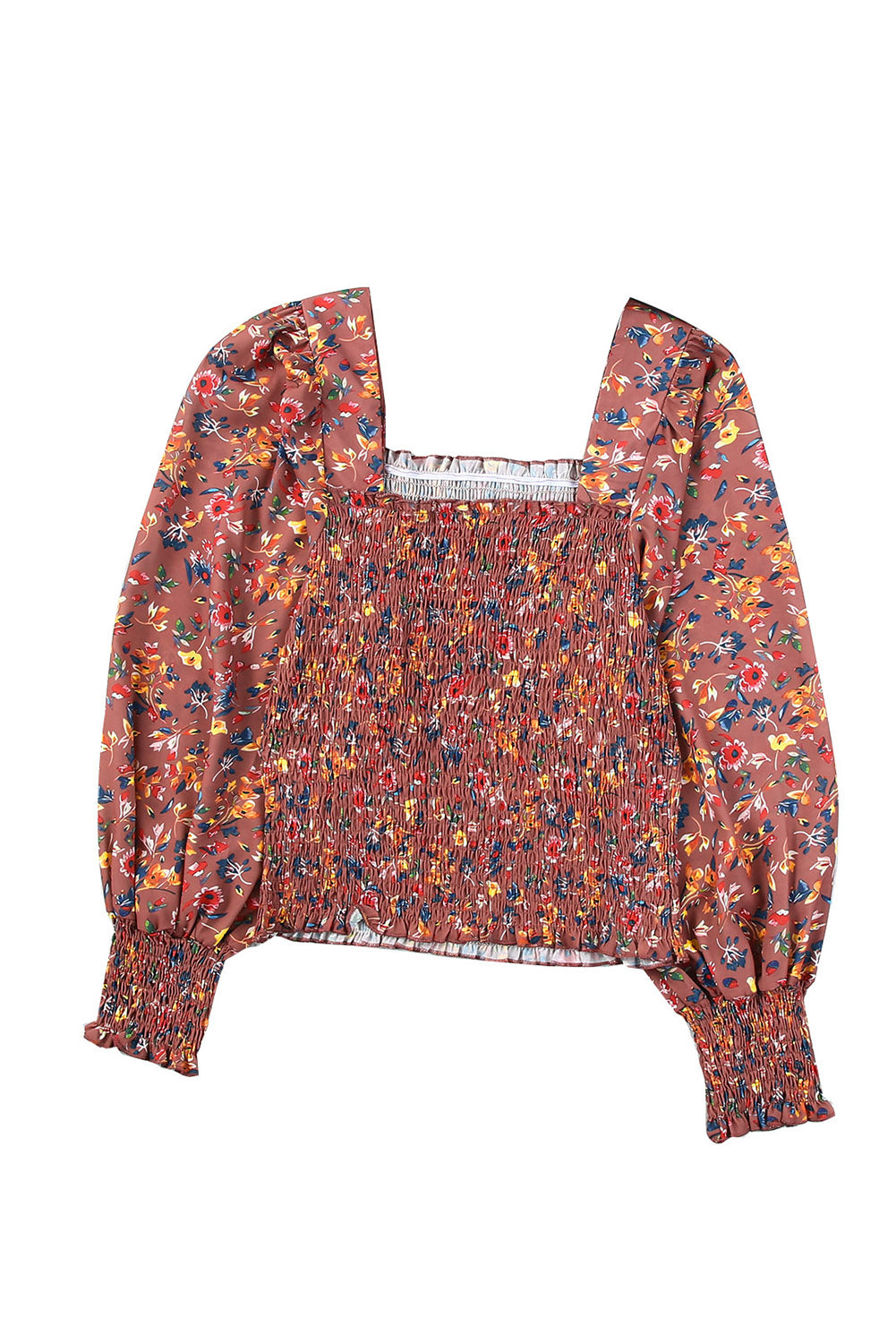 Pink Floral Print Smocked Long Sleeve Top-yoyobikini
