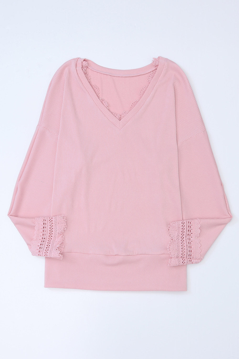 Pink Ribbed Texture Lace Trim V Neck Long Sleeve Top-yoyobikini