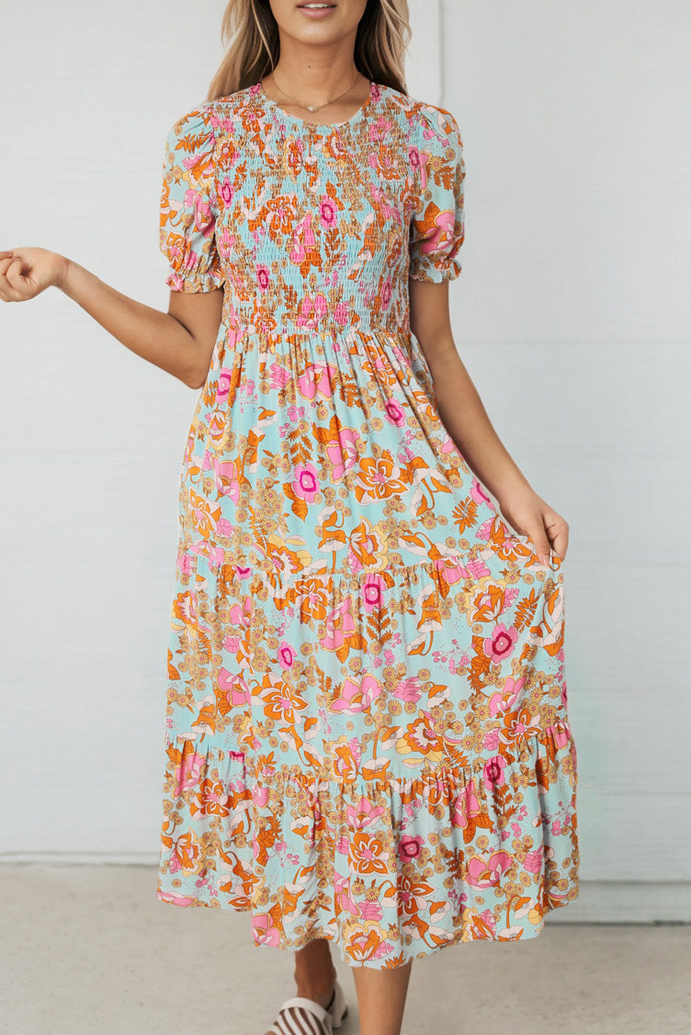 Sky Blue Floral Bubble Sleeve Smocked Flowy Ruffle Dress-yoyobikini