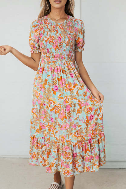 Sky Blue Floral Bubble Sleeve Smocked Flowy Ruffle Dress-yoyobikini