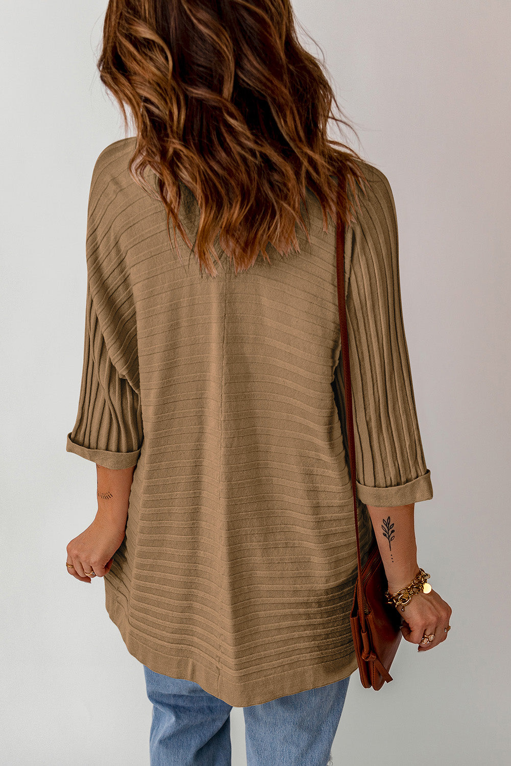 Brown Ribbed Open Front Knit Cardigan-yoyobikini