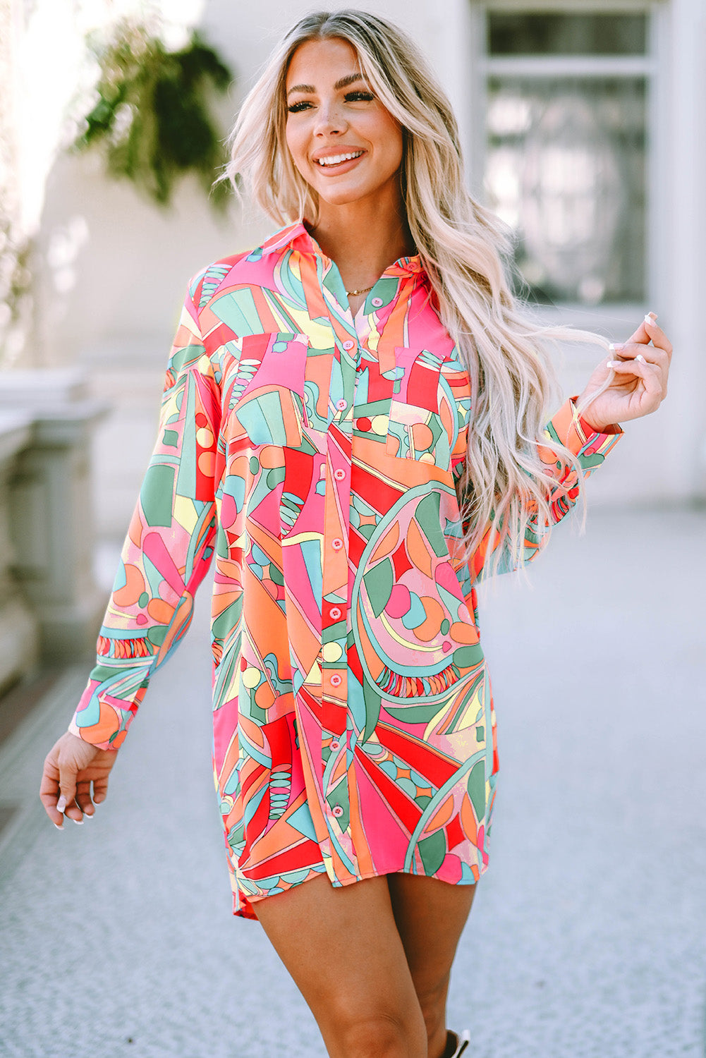 Multicolor Geometric Abstract Print Long Sleeve Shirt Dress-yoyobikini
