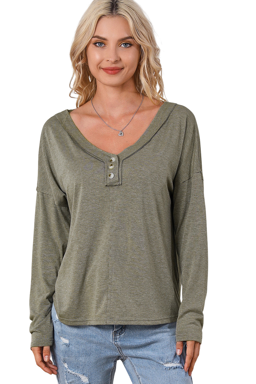 Khaki Long Sleeve V-Neck Stitching Henley Top-yoyobikini