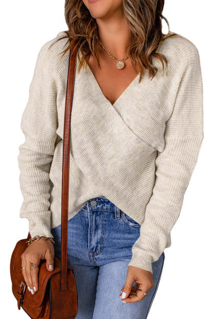 Apricot Criss Cross Wrap Plunging Neck Sweater