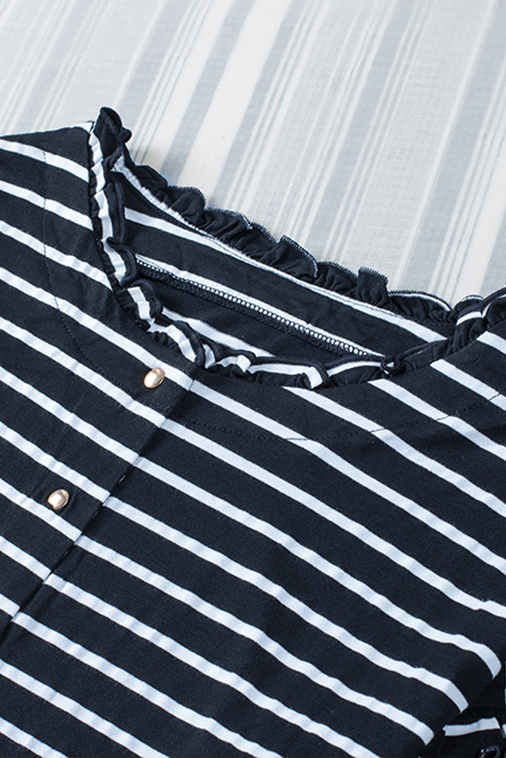 Black Striped Print Ruffled Buttoned Long Sleeve Top-yoyobikini