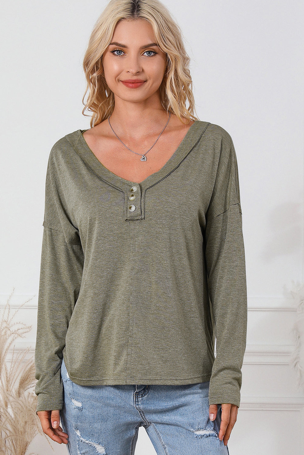 Khaki Long Sleeve V-Neck Stitching Henley Top-yoyobikini