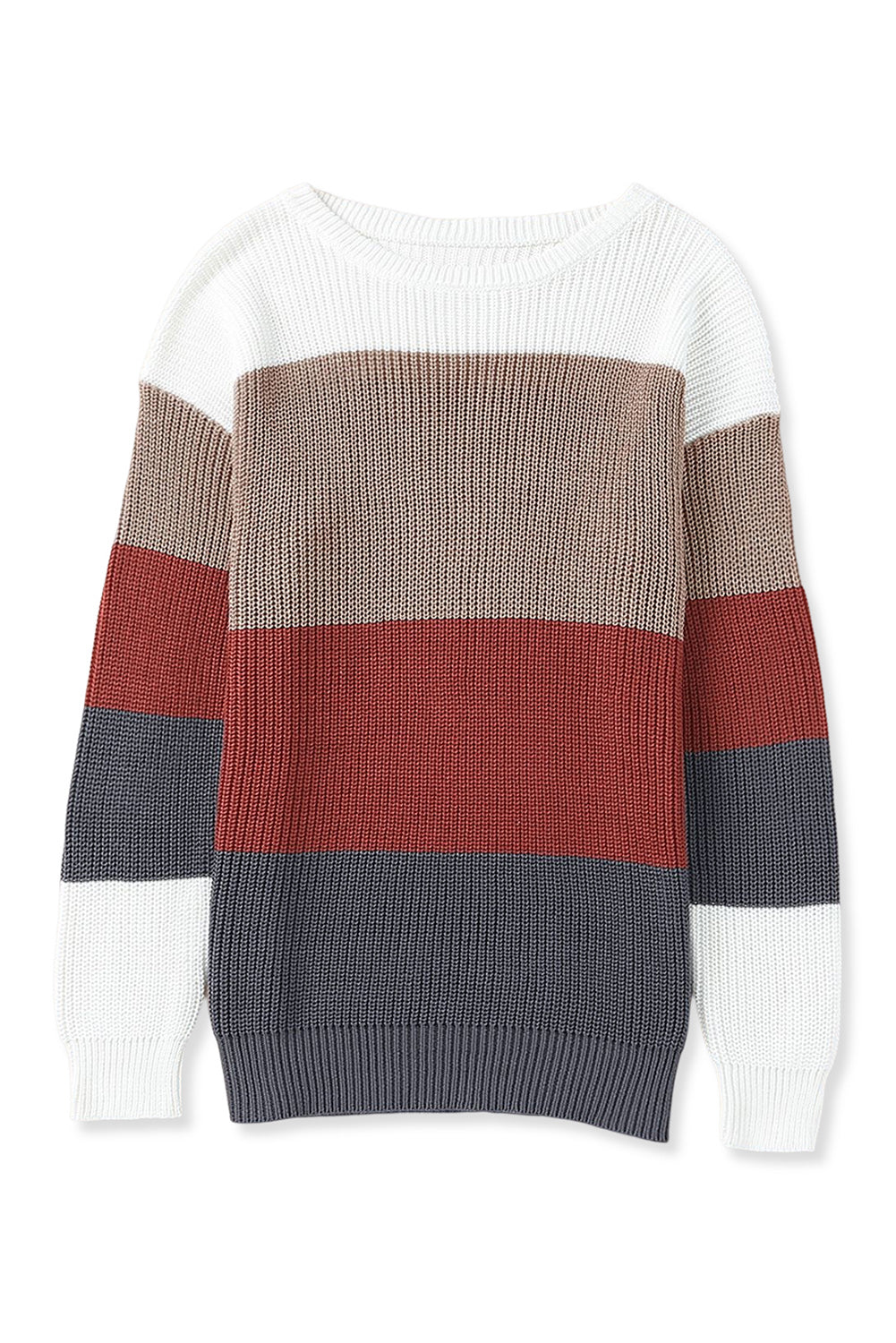 Color Block Knitted O-neck Pullover Sweater-yoyobikini