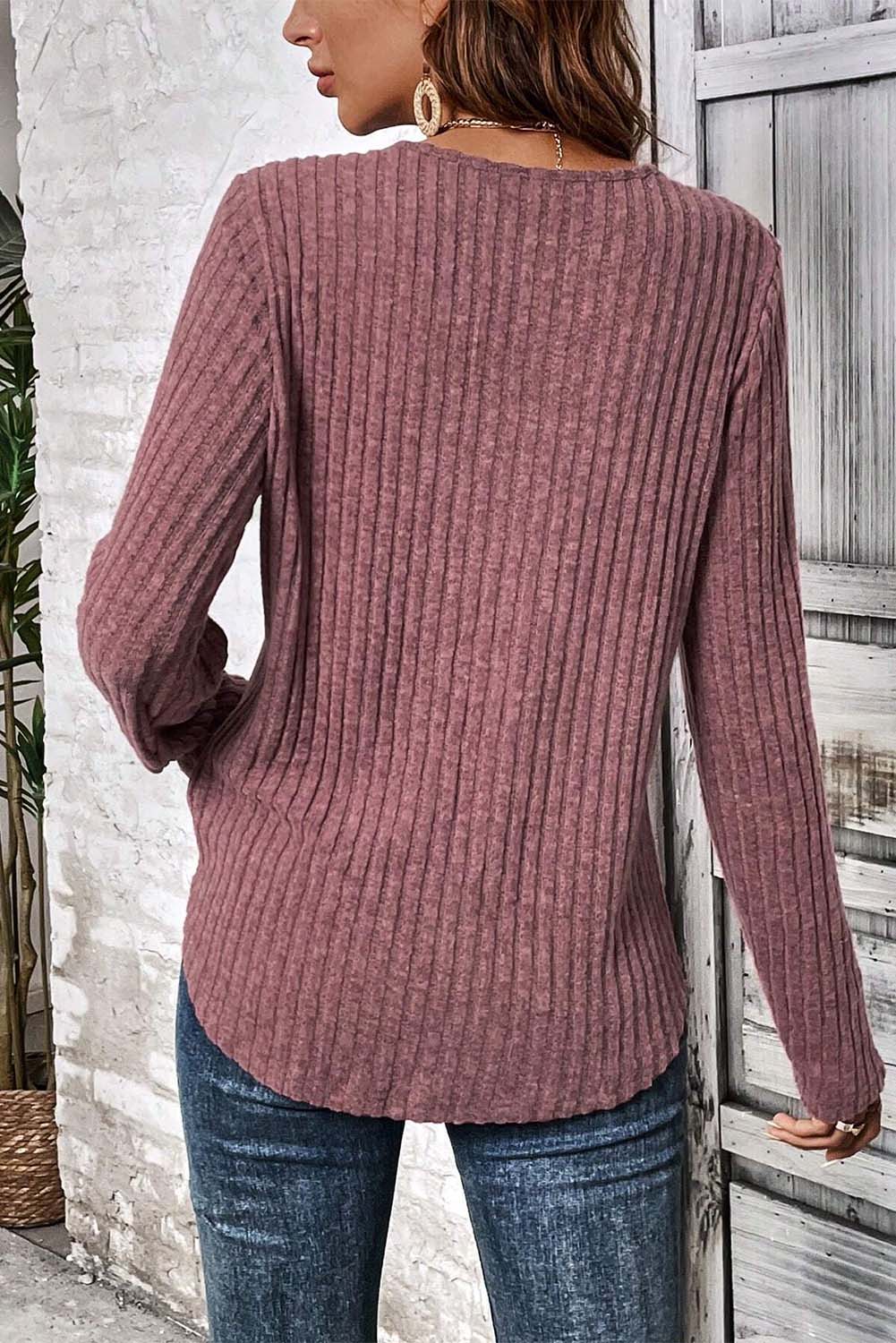Pink Ribbed Knit Lace Patch Shoulder Casual Sweater-yoyobikini