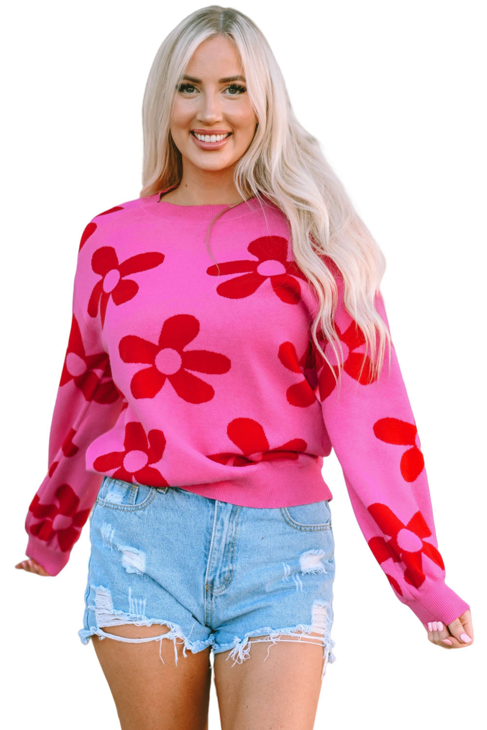 Rose Big Flower Knit Ribbed Trim Sweater-yoyobikini