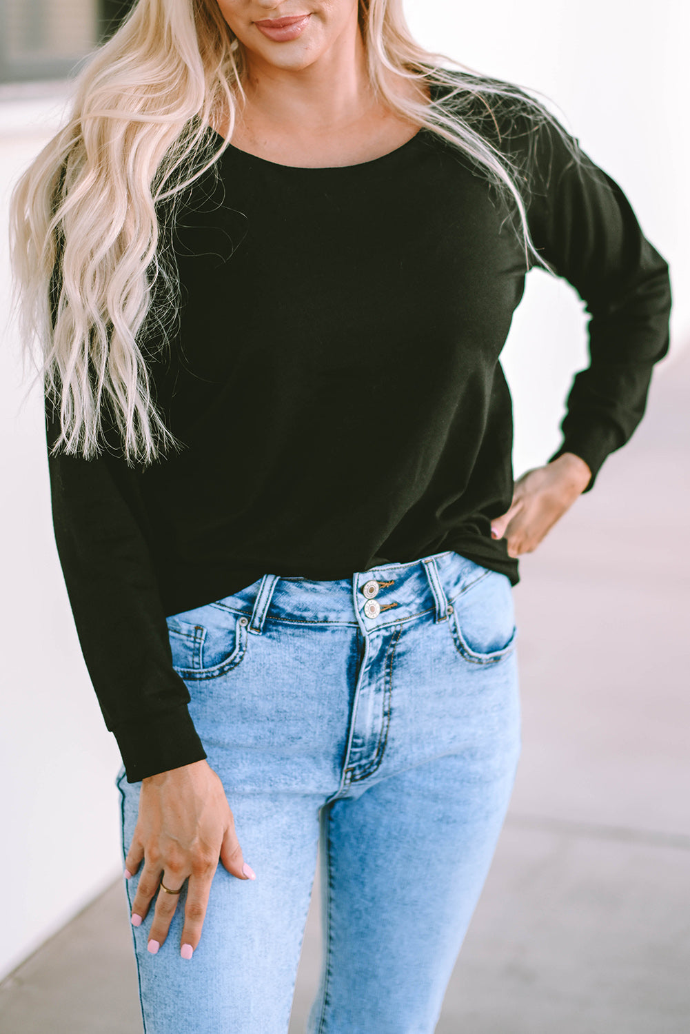 Black Solid Casual Round Neck Raglan Long Sleeve Tee-yoyobikini