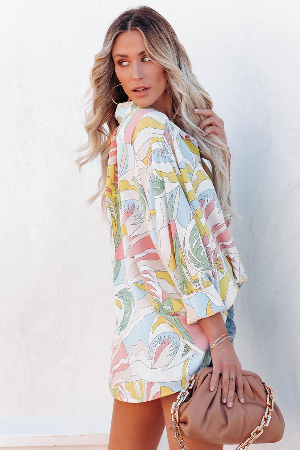Multicolor Abstract Printed Turn-Down Collar Loose Shirt-yoyobikini