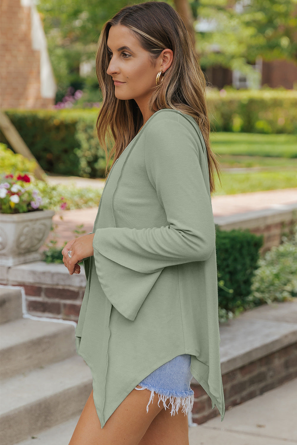 Green Ribbed Expose Seam Bell Sleeve Top-yoyobikini