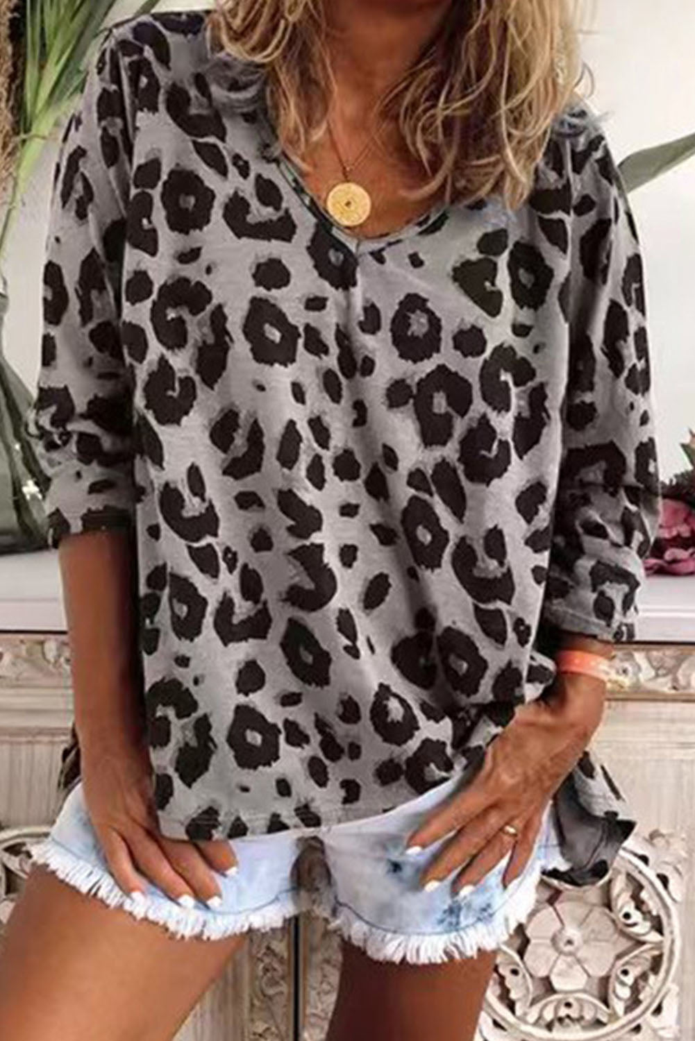 Gray Leopard Split Joint V Neck Long Sleeve Top-yoyobikini