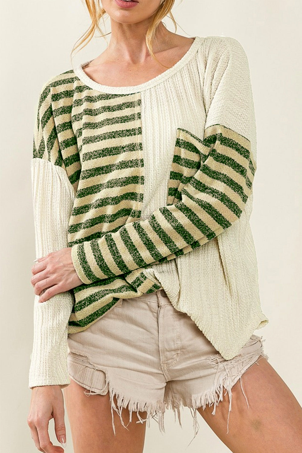 Khaki Striped Patch Textured Fabric Long Sleeve Top-yoyobikini