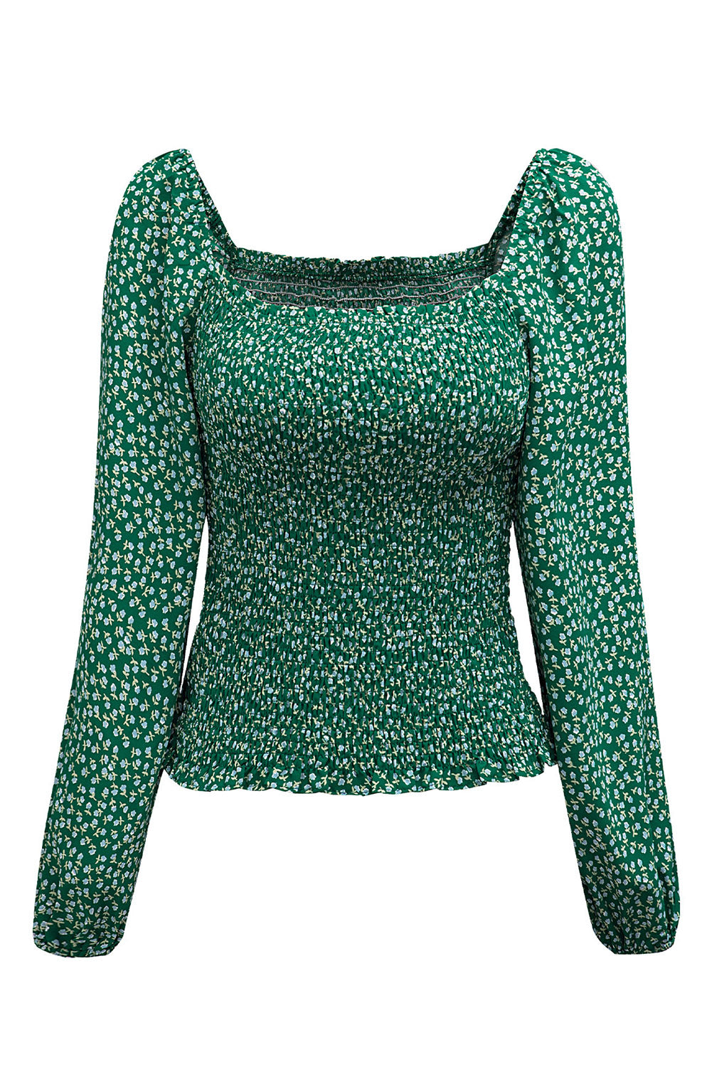Green Square Neck Puff Sleeve Floral Smocked Top-yoyobikini