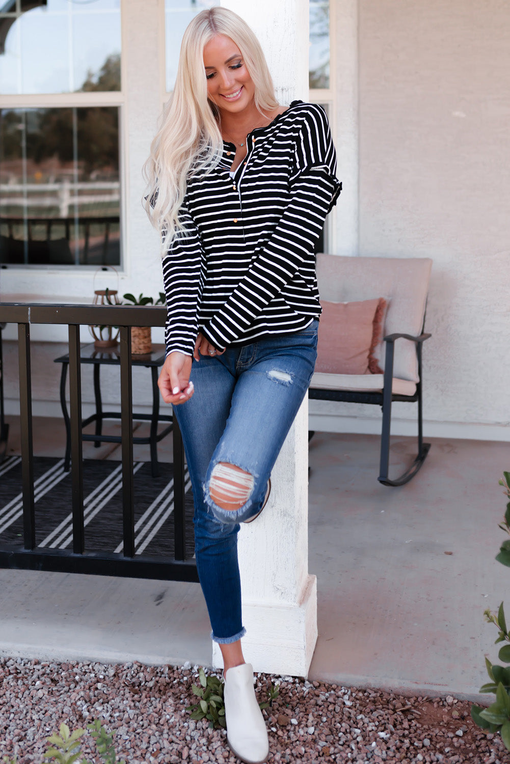 Black Striped Print Ruffled Buttoned Long Sleeve Top-yoyobikini