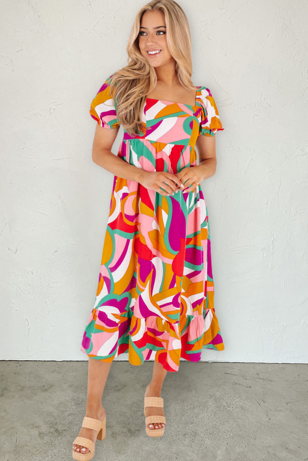Red Abstract Print Square Neck Flowy Midi Dress-yoyobikini
