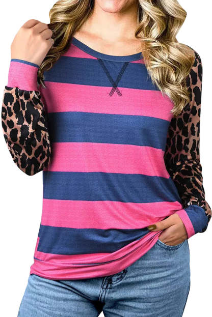 Rose Leopard Striped Patchwork Long Sleeve Top-yoyobikini
