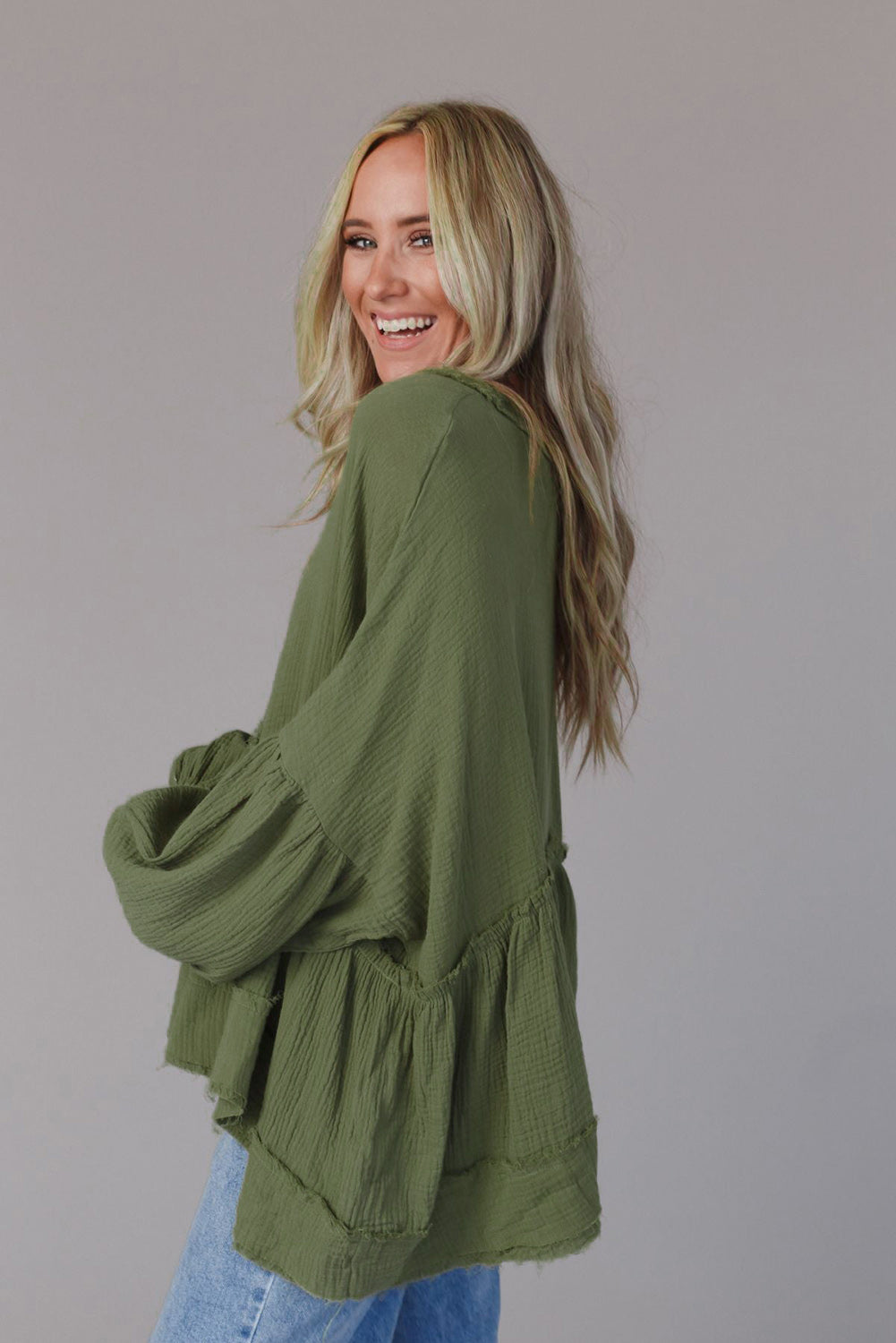 Green Henley Button Drop Shoulder Loose Sleeve Raw Edge Top-yoyobikini