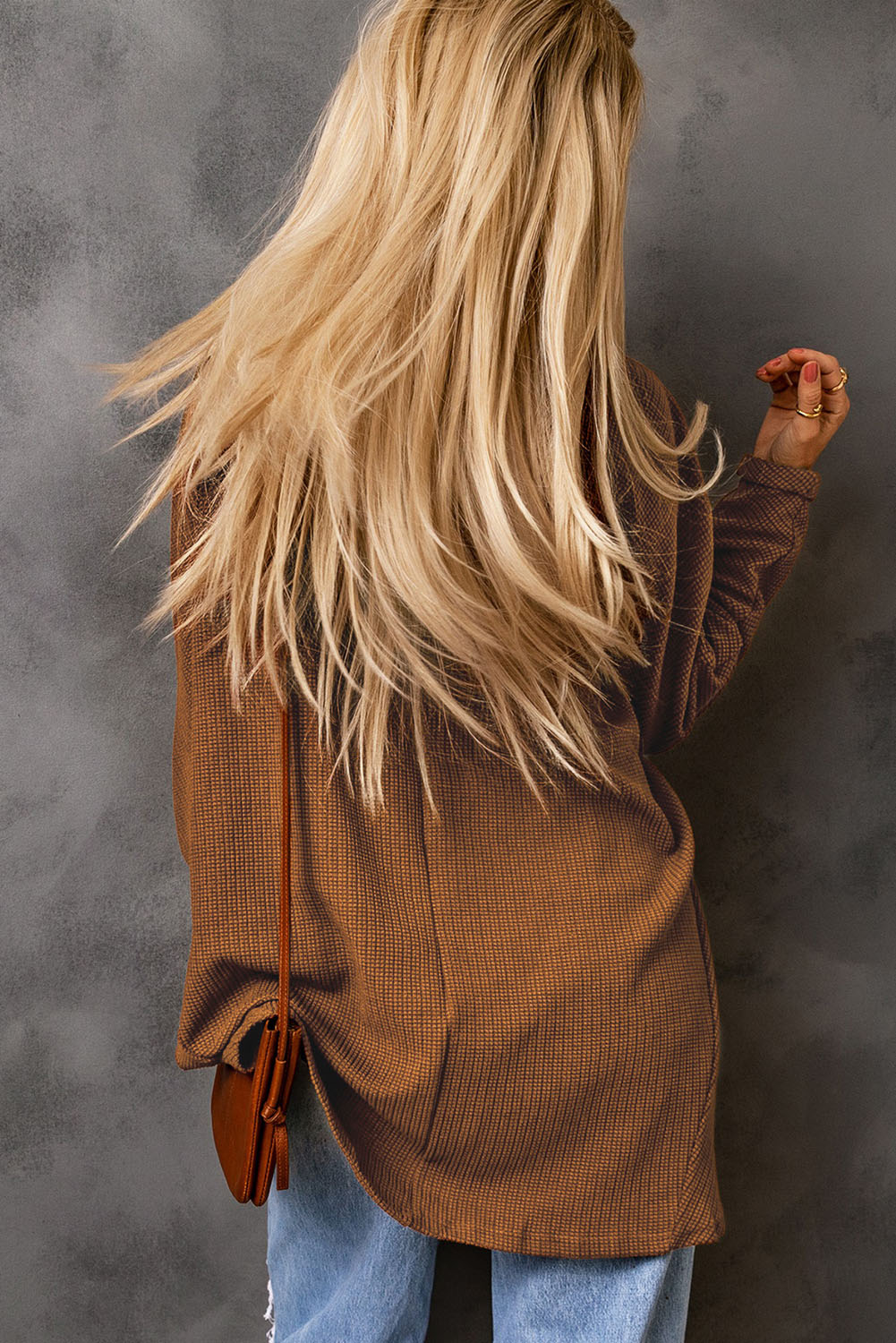 Brown Waffle Knit Open Front Rounded Hem Cardigan-yoyobikini