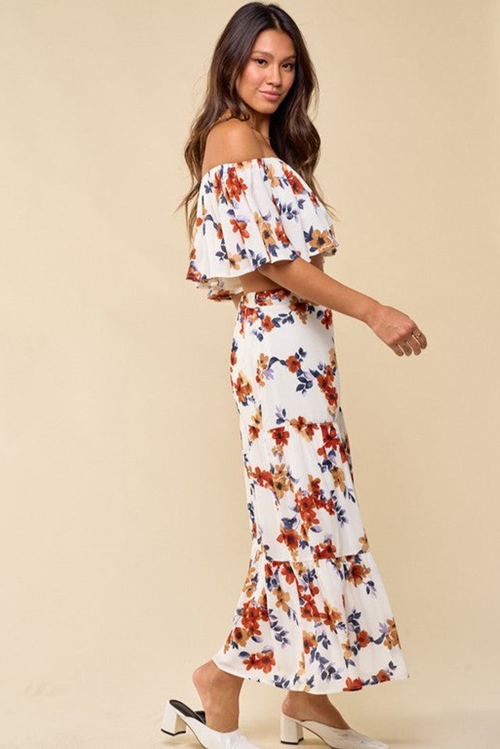 White Floral Print Off-shoulder Crop Top and Maxi Skirt Set-yoyobikini