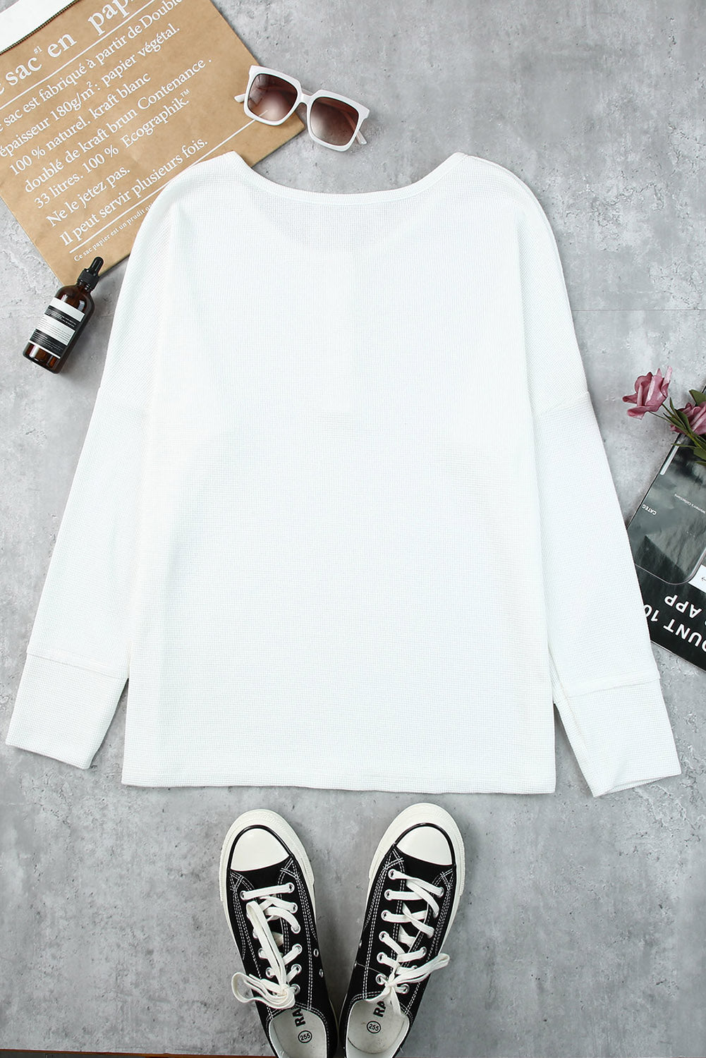 White Waffle Knit Henley Top-yoyobikini