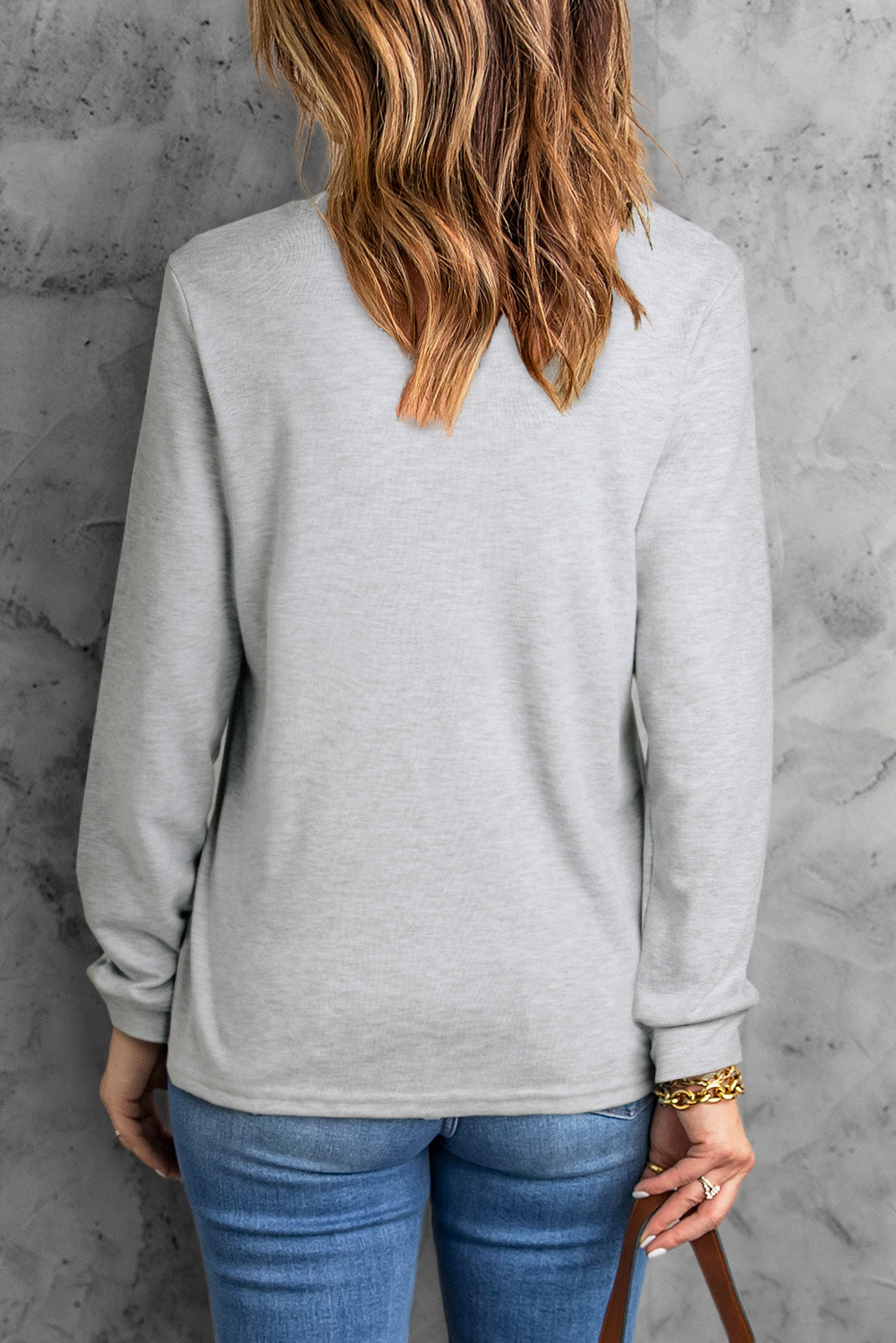 Gray Plain Crew Neck Long Sleeve Top-yoyobikini