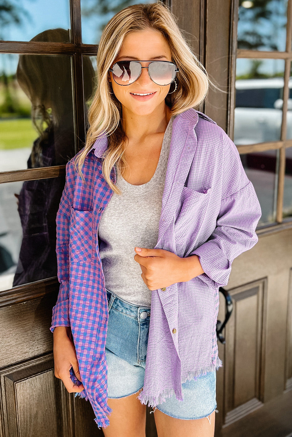 Purple Mixed Plaid Button Down Long Sleeve Chest Pocket Shirt-yoyobikini