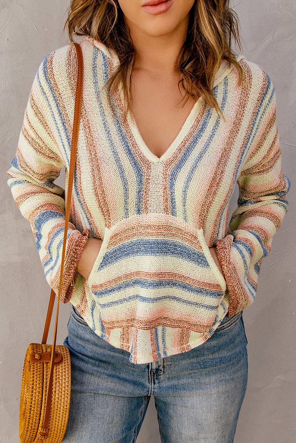 Multicolor Striped Knit Kangaroo Pocket Hooded Sweater-yoyobikini