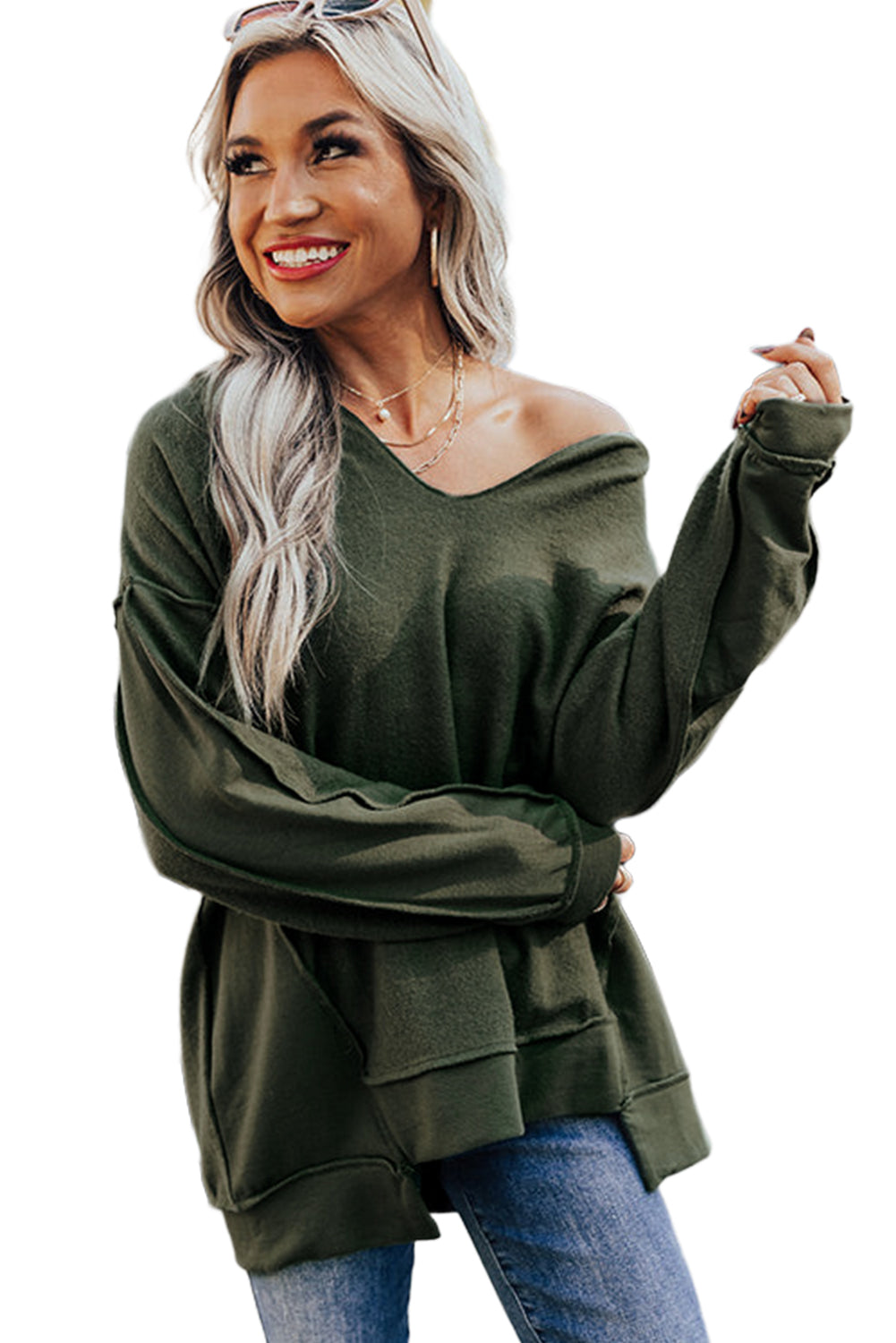 Green Expose Seam Detail Split Neck Long Sleeve Top-yoyobikini