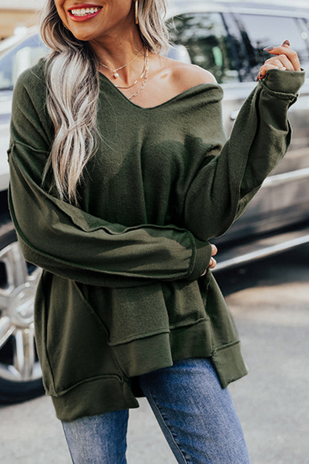 Green Expose Seam Detail Split Neck Long Sleeve Top-yoyobikini